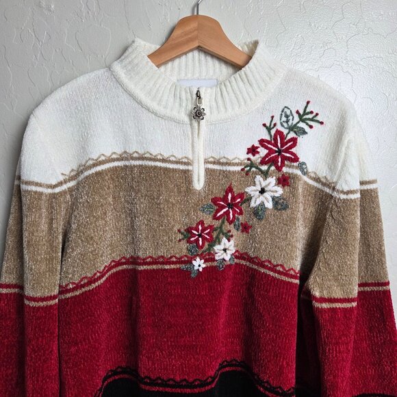 Alfred Dunner Chenille Knitted Floral 1/4 Zip Sweater XL Christmas Holiday Multi - Picture 3 of 11